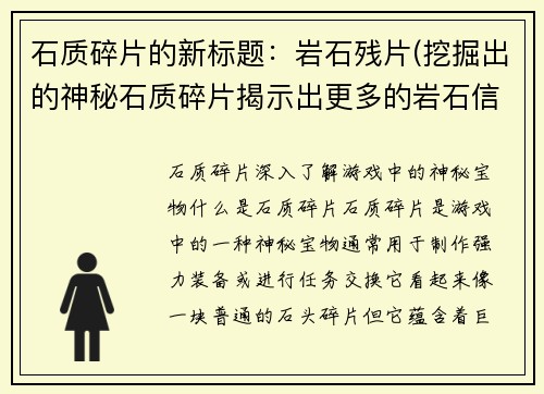 石质碎片的新标题：岩石残片(挖掘出的神秘石质碎片揭示出更多的岩石信息)